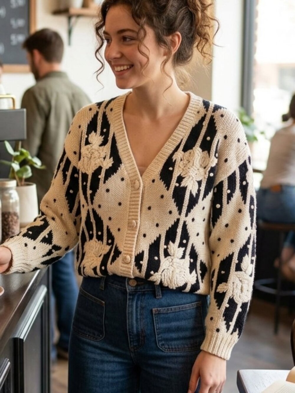 The Eagle's Eye Vintage Womens Heavy Sweater M Black/Ivory Full Button Up